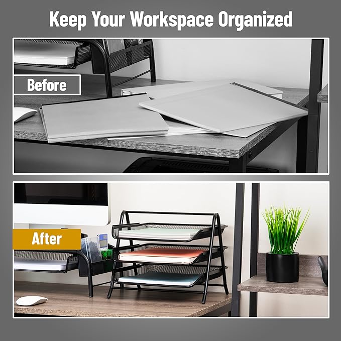 Mind Reader 3-Tier Paper Tray, Desktop Organizer, File Storage, Workspace, Office, Metal Mesh, 11.75"L x 13.75"W x 10"H, Black