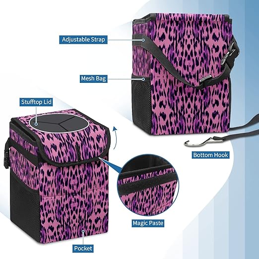 Car Trash Can Purple Pink Black Leopard Auto Garbage Bag Car Trash Can with Lid Leak-Proof Car Storage Bag Auto Garbage Bag Hanging for Headrest Collapsible and Portable with Storage Mesh Pocket