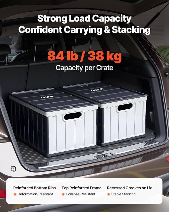VEVOR Plastic Collapsible Storage Bins with Lids, 65L 2 Packs, Stackable Folding Storage Crates with Handles, Holds 84 lbs Per Bin, Heavy Duty Containers, Space-Saving Baskets, for Home Organizing