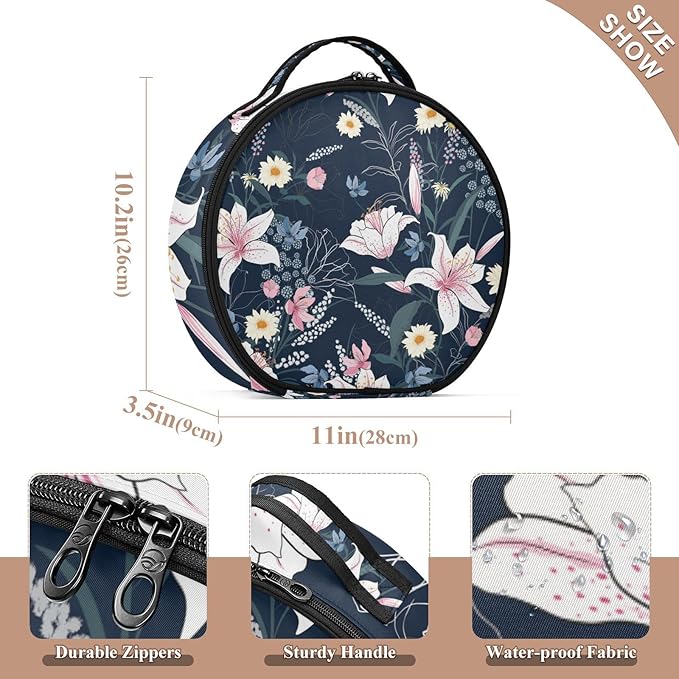 senya Round Cosmetic Pouch Travel Makeup Train Case Vintage Flower Ornament Makeup Organizer Bag with Adjustable Dividers Portable for Cosmetics Makeup Brushes Toiletry Jewelry Accessories