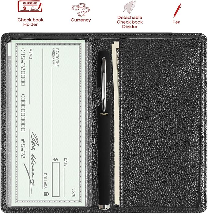 Sanlykate Leather Checkbook Cover for Men and Women, RFID Blocking Check Book Case Card Holder with Free Divider, Standard Register Duplicate Checks with pen inserts, Black Grain