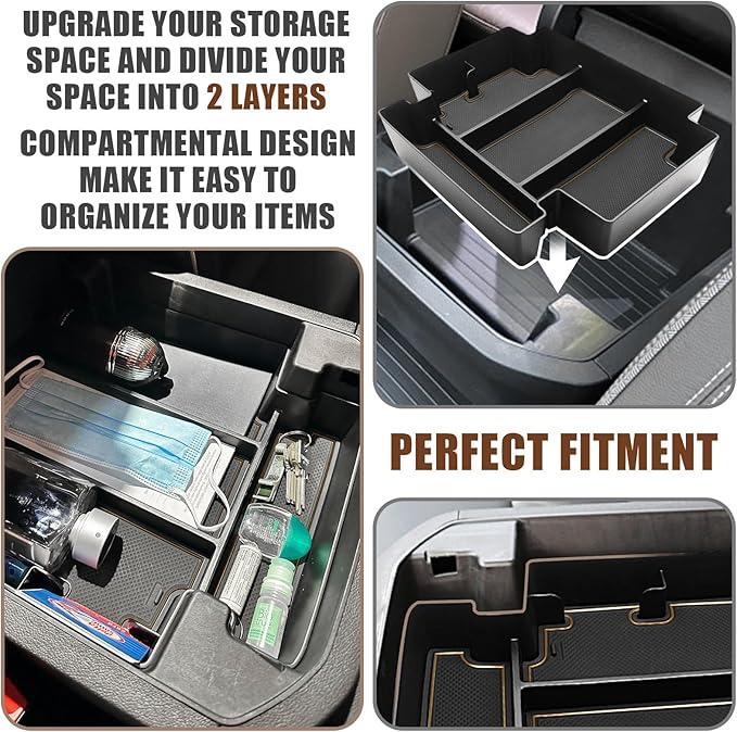 Muslogy for 2021-2025 2026 Sliding Console Yukon Tahoe Suburban Center Organizer Armrest Storage Tray Compatible with GMC Yukon Chevy Tahoe Suburban Fit for Power Sliding Console (Brown)