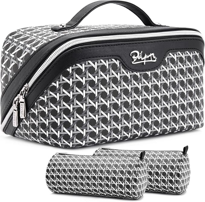 BOYATU Travel Makeup Bag Cosmetic Bags for Women: Large Capacity 3 Pcs Set Make up Bag with Compartments - Waterproof Vegan Leather Toiletry Organizer Bags with Handle (M-76Black)