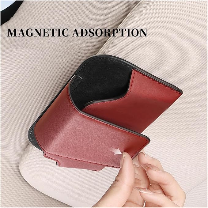 Car Glasses Case Universal Car Sun Visor Eyeglass Hanger Clip Leather Glasses Holder Magnetic Multi-Function Automobile Accessories Storage(C)