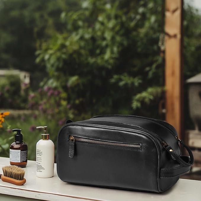 LEATHER VILLAGE Genuine Leather Toiletry Travel Bag With Waterproof Lining - Black | King-Size Handcrafted Vintage Dopp Kit Bag, Shaving & Bathroom Organizer, Gift for Men & Women