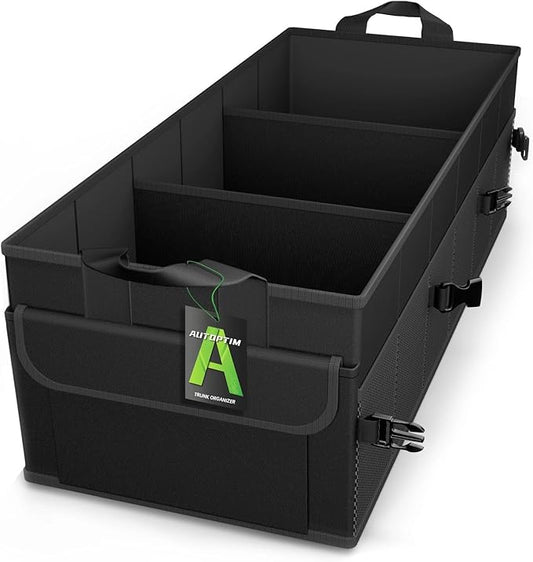 AUTOPTIM Car Trunk Organizer - 85L Collapsible Car Organizer with Non Slip Bottom for Groceries, Trunk Storage with Base Panel for SUV Sedan Van, 3 Compartments (Black, Large)