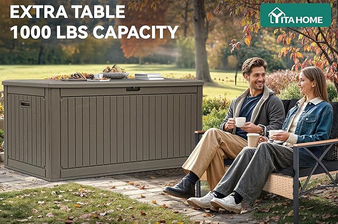 YITAHOME 260 Gallon Extra Large Deck Box, Double-Wall Resin Outdoor Storage Box with Flexible Divider for Patio Cushions Garden Tools, 1000lbs Load Capacity, Lockable & Waterproof (Light Brown)