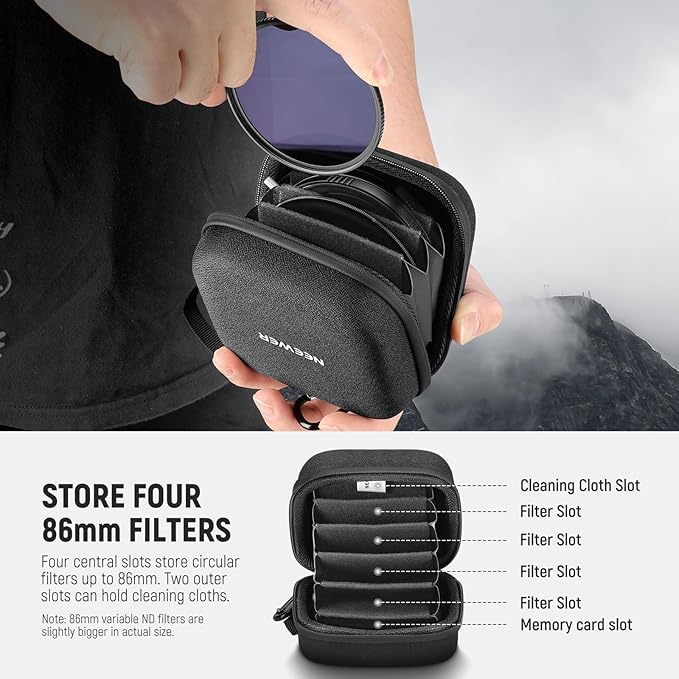 Neewer PB12 11 x 11 cm Filter Storage Bag with Expandable Dividers, Wrist Strap and Carabiner for 4 Circular Filters 86 mm