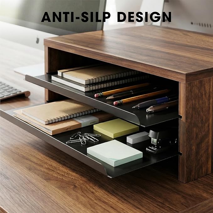Fenge Monitor Stand, 3-Tier Monitor Riser with Slide-Out Tray, Wooden and Metal Desktop Organizer for Home Office, Computer, Laptop, Printer, Telephone