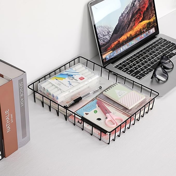 BTSKY Multipurpose A4 File Tray Wire Desk Organizer - Elegant Letter Size Documents Storage Basket for Office, Cosmetics, Bathroom (Black)