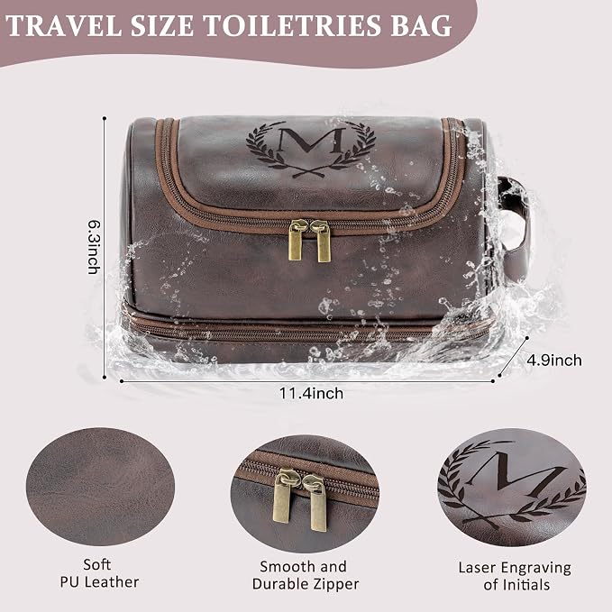 Personalized Christmas Birthday Gifts Toiletry Bag for Men Dad Husband, Custom Initial PU Leather Waterproof Toiletry Organizer Dopp Kit Shaving Bag Travel Essential for Men, Dark Brown J