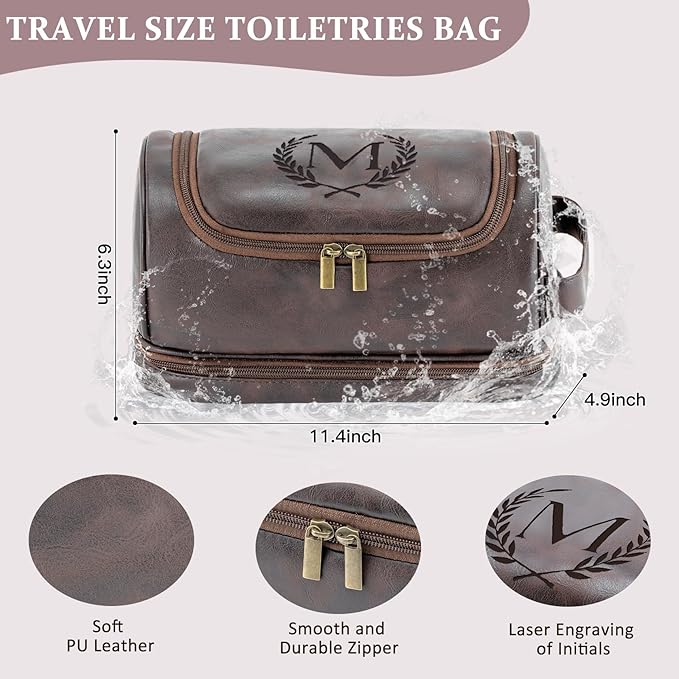 Engraved Initial Travel Toiletry Bag 21st 30th 40th 50th 60th 70th 75th 80th Birthday Gifts for Men Him, PU Leather Shaving Bag Gift for Dad Husband Boyfriend Brother Grandpa, Dark Brown D