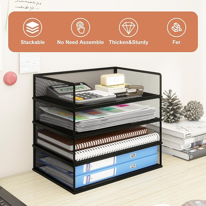 Natwind 3-Tier Stackable Metal Mesh Letter Paper Tray Organizer,Black | Desk Organizer For Paper,Document,Mail Tray For Office Supplies,File Holder For Home Office School Classroom Organization