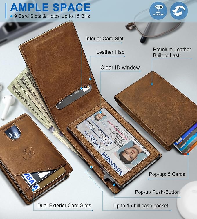 Wallet for Men, Slim Pop Up Card Holder with RFID Blocking, Minimalist Bifold Wallet with 9 Card Slots, ID Window and Cash Pocket, Metal Flip Case with Magnetic Closure, Gift Box