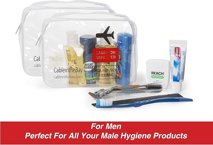 TSA Approved Clear Travel Toiletry Bag-Quart Sized with Zipper-Airport Airline Compliant Bag/Bottles-Men's/Women's 3-1-1 Kit+Travel (2 PACK)