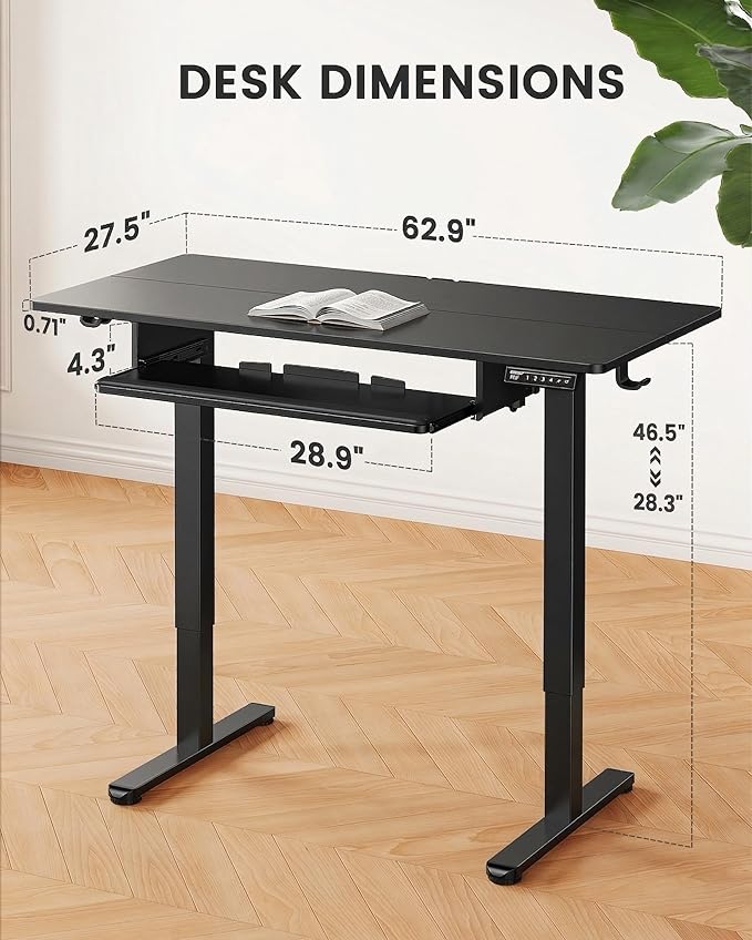 ErGear Large Electric Standing Desk with Keyboard Tray, 63x28 Inches Adjustable Height Sit Stand Up Desk, Home Office Desk Computer Workstation, Black