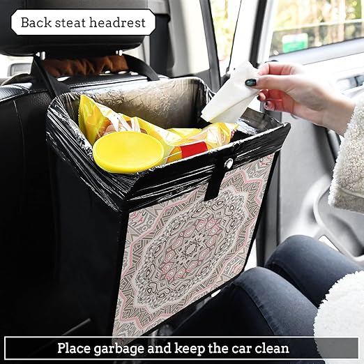 Boho Mandala Pink Car Trash Can, Foldable Hanging Car Trash Bag, Small Waterproof Car Accessories Garbage Bin