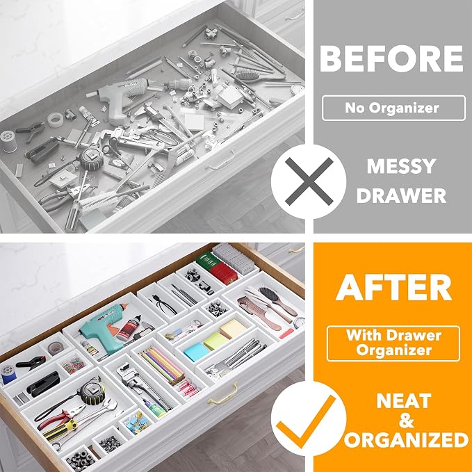 SpaceAid 21-Piece Bamboo Drawer Organizer Storage Boxes Set, Wood Tray Junk Drawer Organizers Multi-Use Divider Bins for Kitchen, Bathroom, Office Desk and Makeup Organization (21 Pack, White)