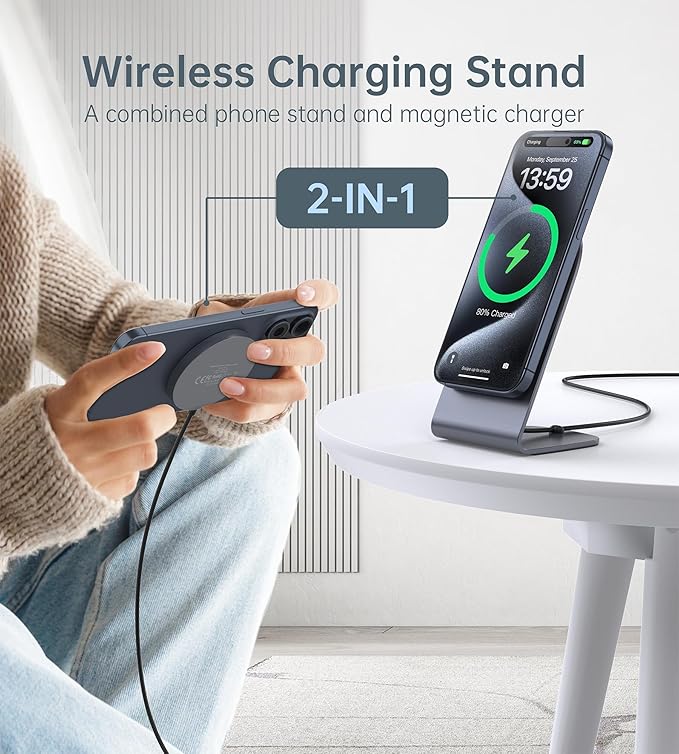 Magnetic Wireless Charger for iPhone 17/16/15/14/13/12 - Mag Charger+20W USB C Adapter, Fast Wireless Charging Stand/Pad with 5ft Cable for iPhone 17/16/15/14/13/12 Pro Max Plus Mini 17 Air,Gray