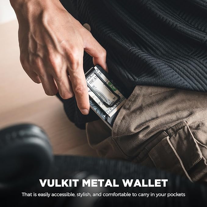 VULKIT Men's Metal Wallet with Money Clip Slim Credit Card Holder, Minimalist Business Card Case Front Pocket Wallet for Men(Black)
