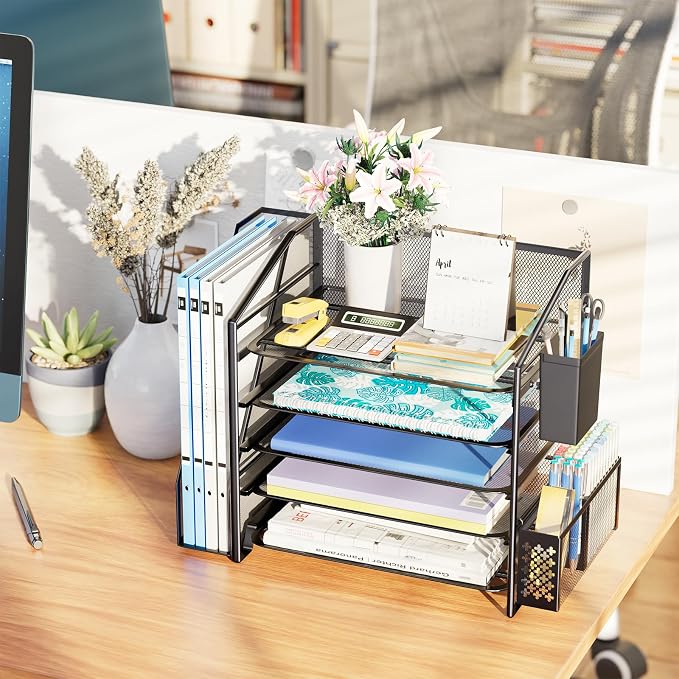 Simple Trending Desk Organizers and Accessories, 5-Tier Desk File Organizer, Paper Letter Tray Organizer with File Holder and Pen Container, Black