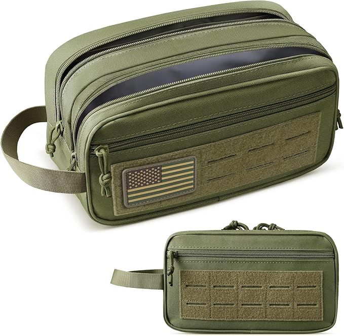 RXW EDC Toiletry Bag for Men, Tactical Dopp Kit, Molle Pouches Compact Travel Organizer for Shaving Shower, Hygiene, Grooming (Includes Dry/Wet Compartment & US Flag Patch)