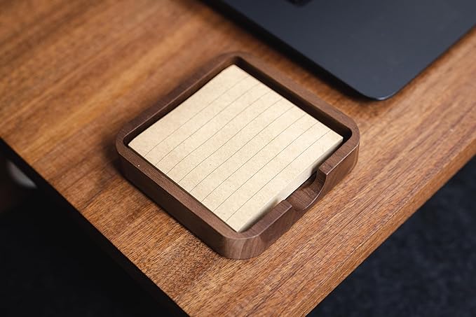 MUUJEE Wooden Office Desk Note Holder Organizer - 3.75 x 3.75 for Work Teacher Dad Wood Tray Post It Sticky Notes Work Minimalist Rustic