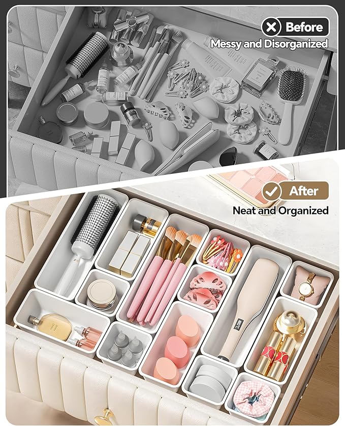Canfanni 13 Pack Plastic Drawer Organizers Set, 3 Sizes Desk Drawer Organizer Trays for Vanity and Makeup Organizer, Organization and Storage for Makeup, Kitchen Utensils, Bathroom and Office(White)