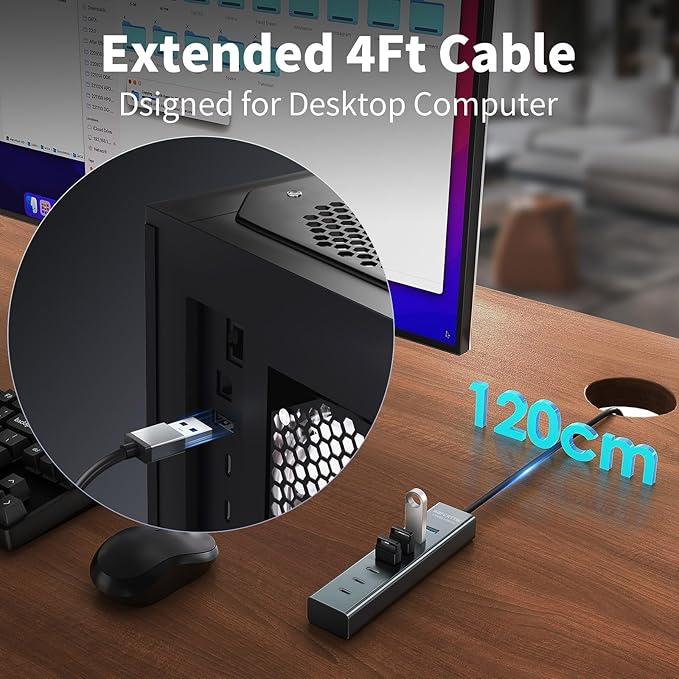 4Ft 7-Port USB Hub 3.0 for Desktop, 4 USB-A & 3 USB-C Ports Aluminium 5Gbps USB Extender Hub, USB Splitter, USB Hub Long Cable for Desktop, PC, Flash Drive, Mobile HDD SSD, Windows/XPS