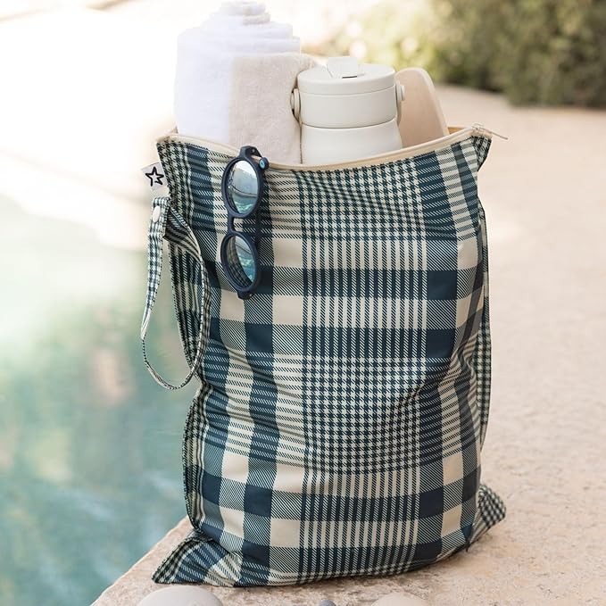Tiny Twinkle Mess Proof Wet Bags | 2-Pack Reusable Waterproof Wet Bags for Swimsuits | Baby Clothes | Travel & Diaper Bag (Gingham,Grid)
