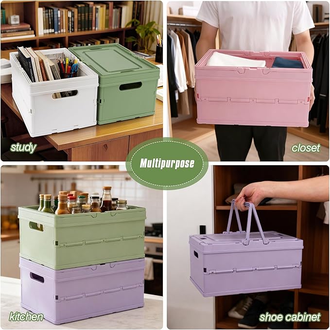 Collapsible Storage Crate, Foldable Plastic Basket with Lid and Handle, Foldable Storage Box Crate Bin for Home Kitchen Office Bathroom Bedroom Pantry (Purple)