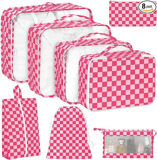 KPX 8 Set Packing Cubes for Travel, Luggage Packing Organizers Accessories Large Toiletries Bag for Clothes Shoes Cosmetics (8Set-Rose Checkered)