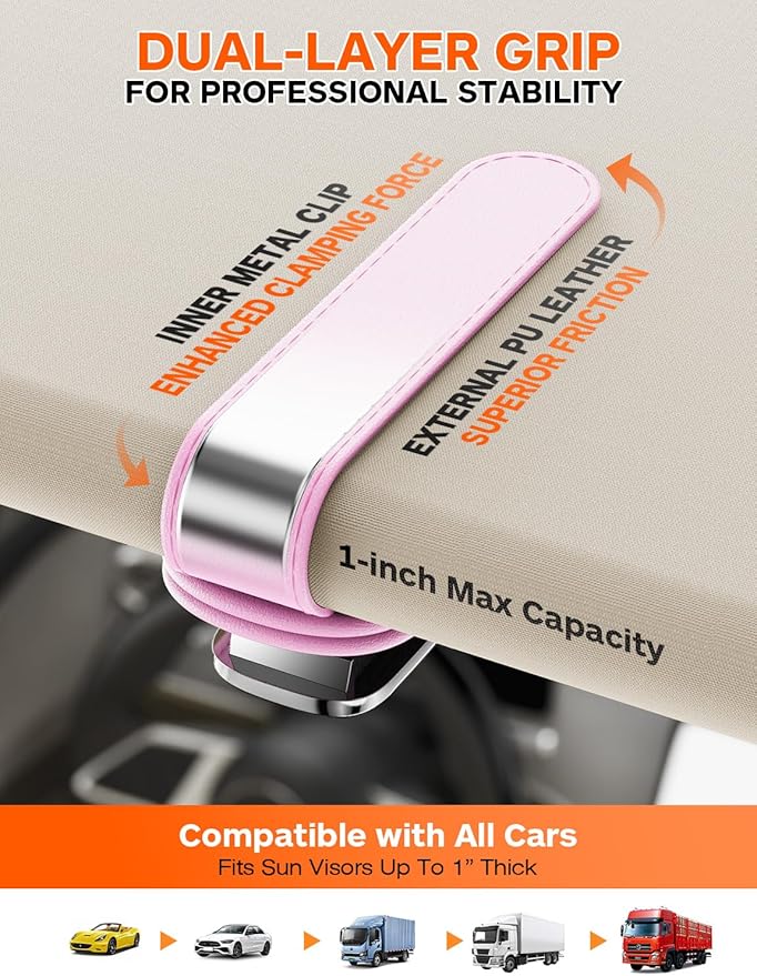 Sunglass Holder for Car Visor, One-Handed Operation Leather Sunglasses Clip with Soft Padding, Auto-Clamping Eyeglasses Organizer for Sun Visor, Universal Car Accessories (Pink)