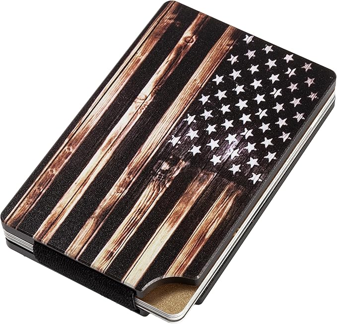 Slim Wallet for Men,RFID Blocking Minimalist Metal Wallet, Money Clip/Cash Holder, Front Pocket Aluminum Credit Card Holder, Ideal Gift for Men,Wood-American USA Flag