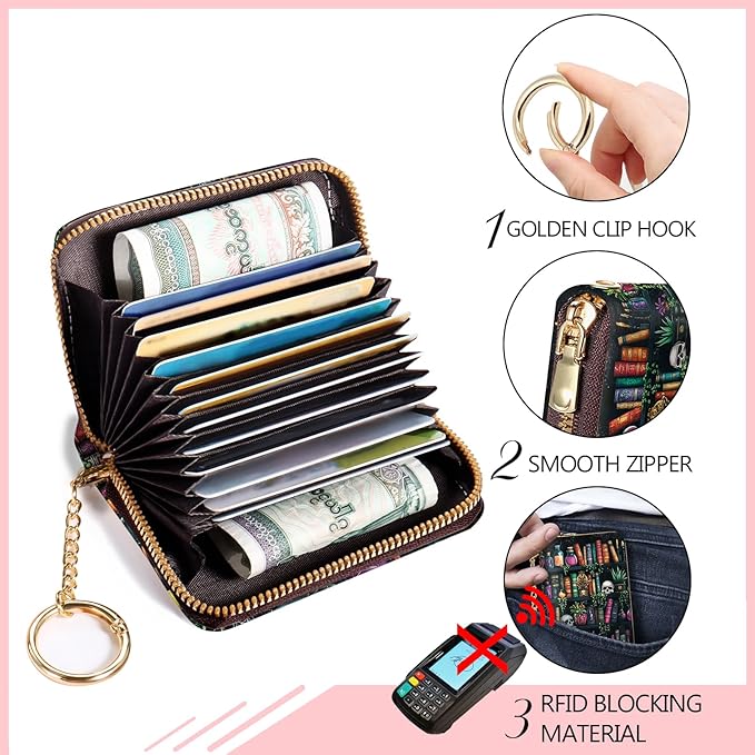 Blusabaca Bookshelf and Skull Skeleton Goth Gothic Credit Card Holder for Women, Small RFID Wallet with Zipper, Card Keychain Wallet, PU Leather Card Case, Business Blocking Accordion Wallet Gift