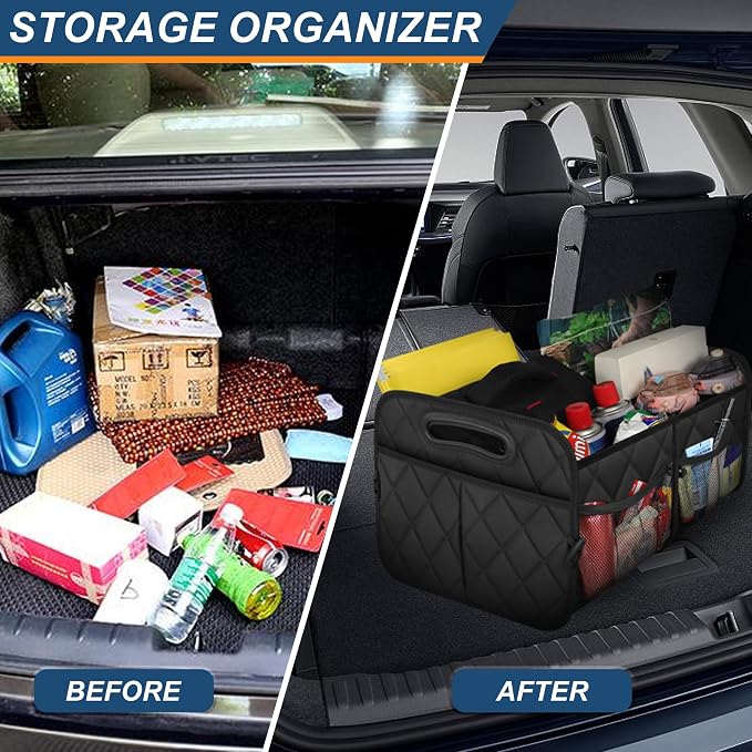 Deosk Minimalist Black Car Trunk Organizer, 50L, 6 Pockets, Foldable & Waterproof