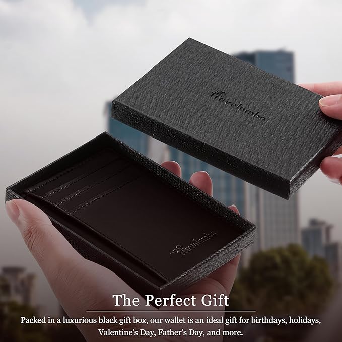 Travelambo 100% Genuine Leather Wallet for Men and Women, Slim Minimalist RFID Blocking Front Pocket Credit Card Holder with Gift Box