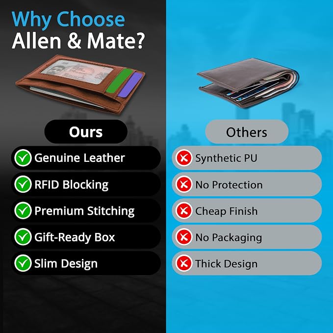 ALLEN & MATE 100% Genuine Leather Slim Minimalist wallet RFID Blocking Card Holder Wallets for Men & Women - Holds 7 Cards, ID & Cash with Gift Box (Tan)