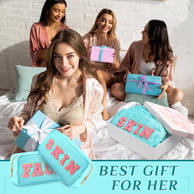 Remerry 4 PCS Nylon Cosmetic Bags Waterproof Spacious Travel Makeup Organizer for Women Chenille Letter Preppy Zipper Pouch Face Stuff Skin Hair Organizer Gift(Light Blue)