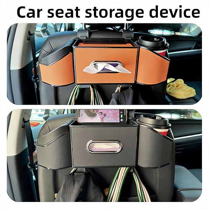 2026 Upgrade 4-in-1 Car Organizer Back Seat, Leather Multifunctional Car Organizer and Storage Box with Cup Holders for Hold Phone, Snacks, Drinks, Handbag, Keep Your Ride Clean & Organized (Grey)