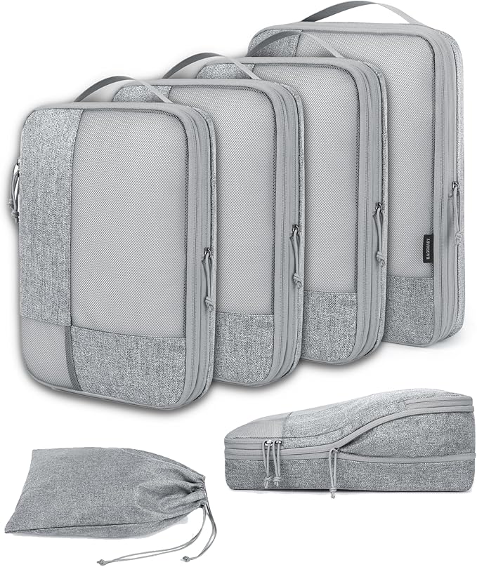 BAGSMART Compression Packing Cubes for Travel, Durable Travel Cubes for Carry-On Suitcase, 6 Set Cuise Ship Travel Essentials (1L+3M+1S+Shoe Bag), Grey
