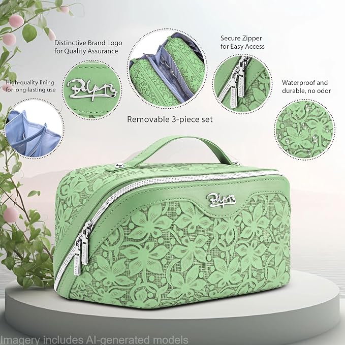 BOYATU Travel Makeup Bag Cosmetic Bags for Women: Large Capacity 3 Pcs Set Make up Bag with Compartments - Waterproof Vegan Leather Toiletry Organizer Bags with Handle (Z-65Light Green)
