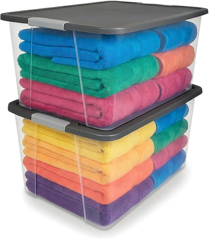 HOMZ 2-Pack Secure Latch, Clear Plastic Storage Organizer Bins, 64 Quart, Gray Lid - Heavy-Duty Container Boxes with Lids for Home, Office, and Garage