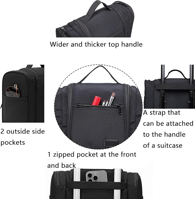 Hanging Travel Toiletry Bag for Men and Women with Metal Swivel Hook, Large Travel Makeup Organizer for Full Sized Cosmetics and Toiletries, Water-Resistant Bathroom Toiletery Bags, Black
