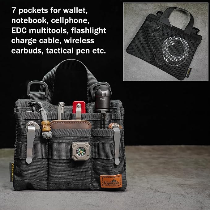 VIPERADE VE5 Slim EDC Pouch with 7 Pockets, Mens Pocket Organizer Multitool Pouch, Mini Crossbody Messenger Bag (No Strap)