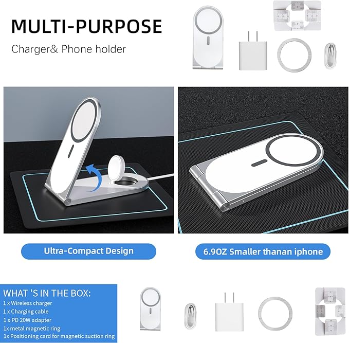 Wireless Charging Station, 3 in 1 Phone Charger Stand, Foldable MagSafe Charger for 17/16/15/14/13/12 Pros Plus, Watch Ultra, Airpods, Magnetic Travel Charging Station with 20w Adapter (White)