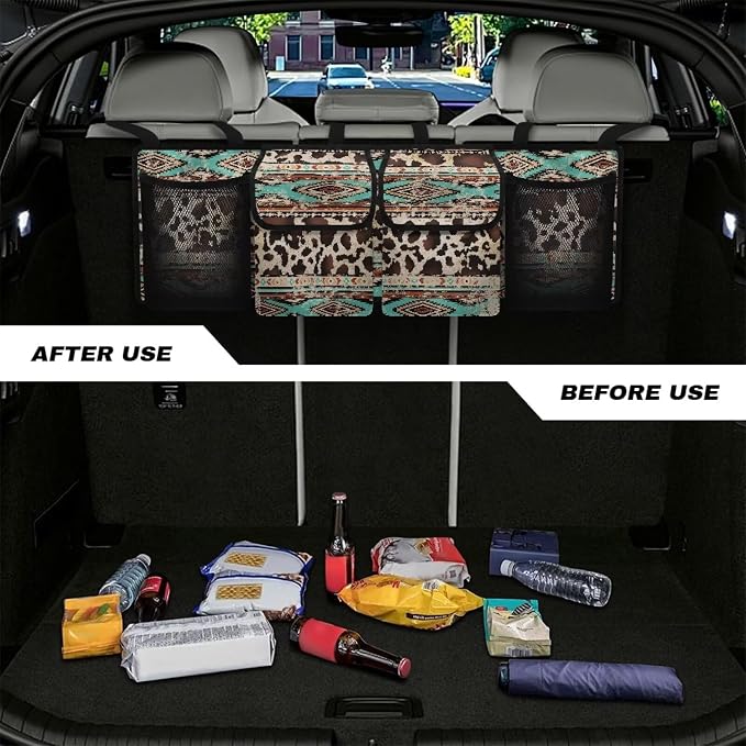 Tribal Car Trunk Organizer and Storage, Waterproof Backseat Hanging Organizer for SUV, Truck, Collapsible Cargo Storage Bag with 4 Pockets, Car Interior Accessories