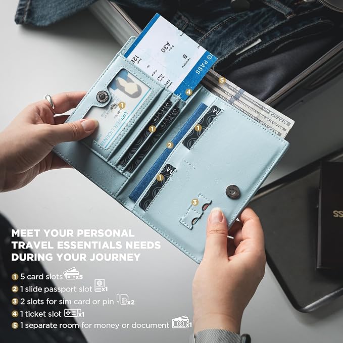 VULKIT Cute Passport Cover for Women, RFID Blocking Slim Passport Book Holder, Leather Travel Passport Wallet with Magnetic Closure Blue