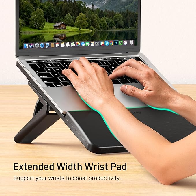 AFOOYO Adjustable Bamboo Laptop Stand,Portable Computer Riser,Ergonomic Notebook Mount with Wrist Rest,Compatible with 9.8-15'' All Laptops,MacBook Air Pro/HP/Dell/Lenovo,Black