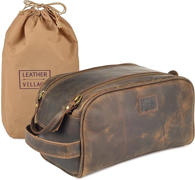 LEATHER VILLAGE Genuine Leather Toiletry Travel Bag With Waterproof Lining - Brown | King-Size Handcrafted Vintage Dopp Kit Bag, Shaving & Bathroom Organizer, Gift for Men & Women